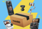 The image features a cardboard box with the text "Insta360" on it, surrounded by various camera devices. These include a 360-degree camera, a small action camera, a smartphone mounted on a gimbal, and a webcam-like device. The background is bright yellow with blue lightning bolt shapes.